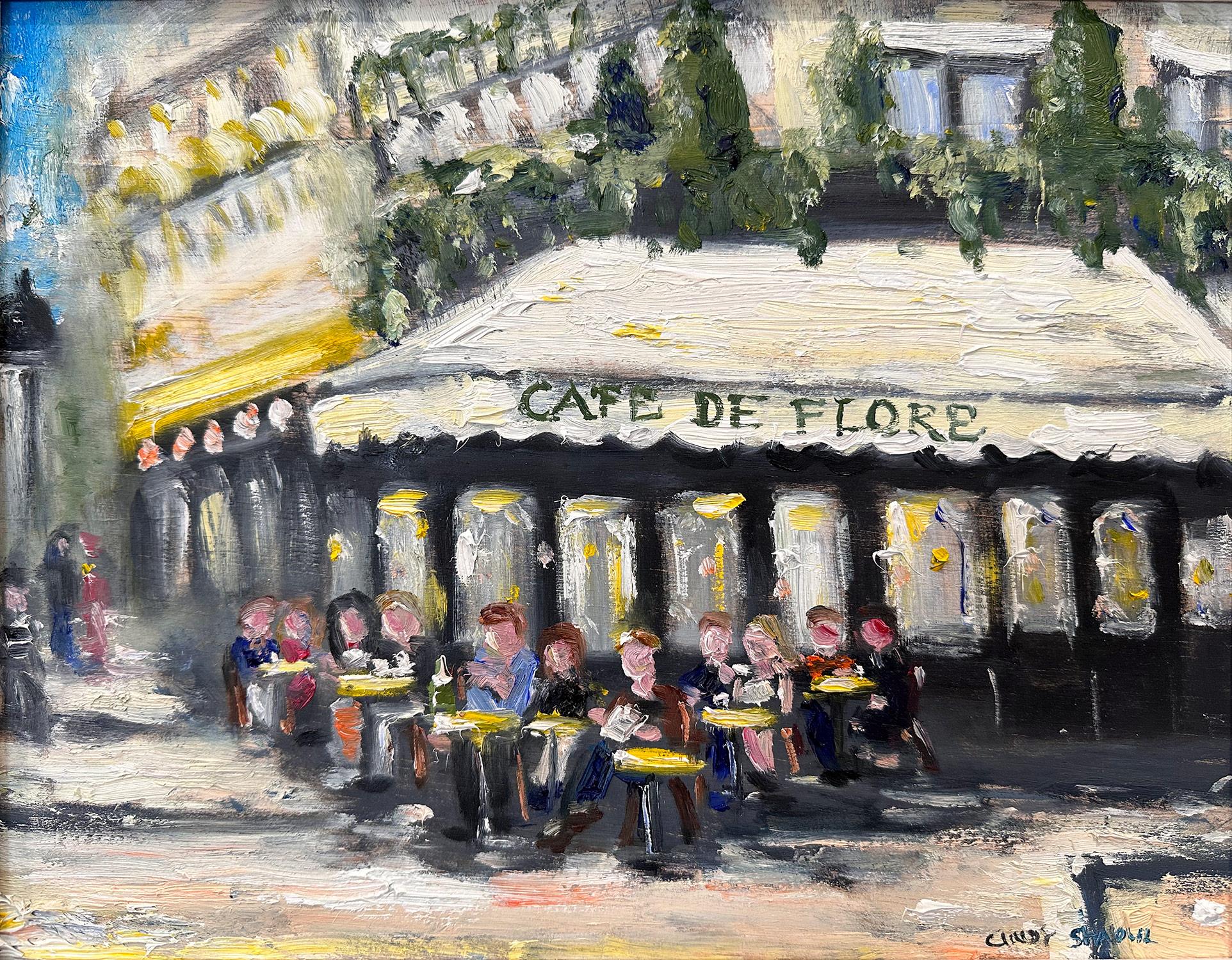 „Brunch at Cafe Flore“ Plein Air Restaurant, Ölgemälde in Paris, Frankreich – Painting von Cindy Shaoul
