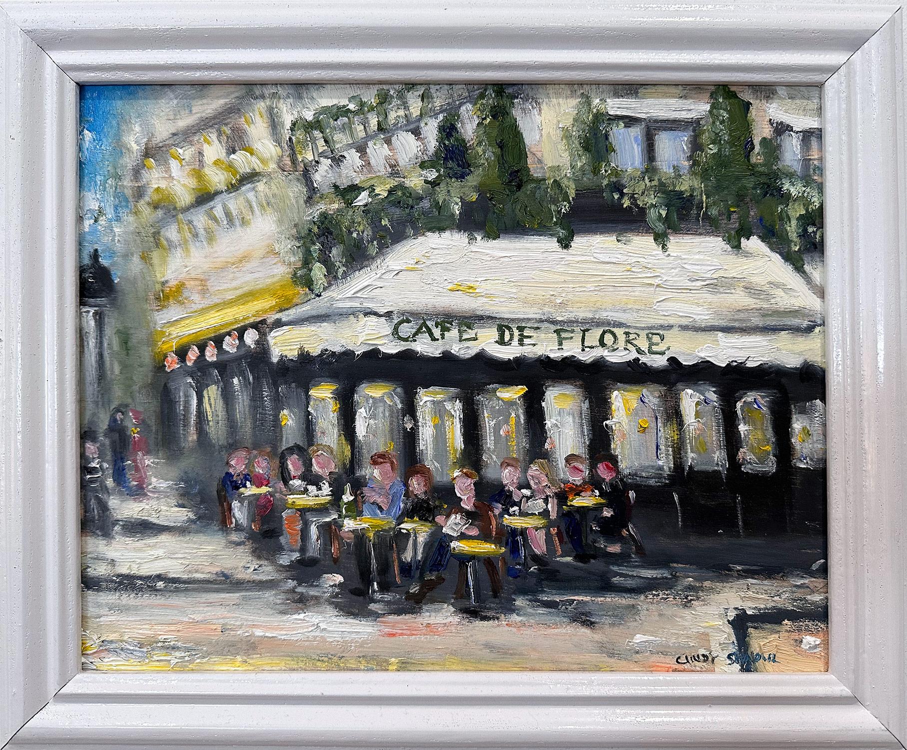 Figurative Painting de Cindy Shaoul - "Almuerzo en el Café Flore" Pintura al óleo Plein Air Restaurante en París Francia