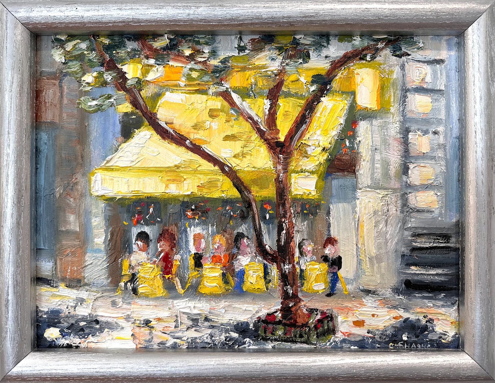 Landscape Painting Cindy Shaoul - "Brunch at Cipriani" Peinture à l'huile d'un restaurant en plein air dans le quartier de Soho à New York