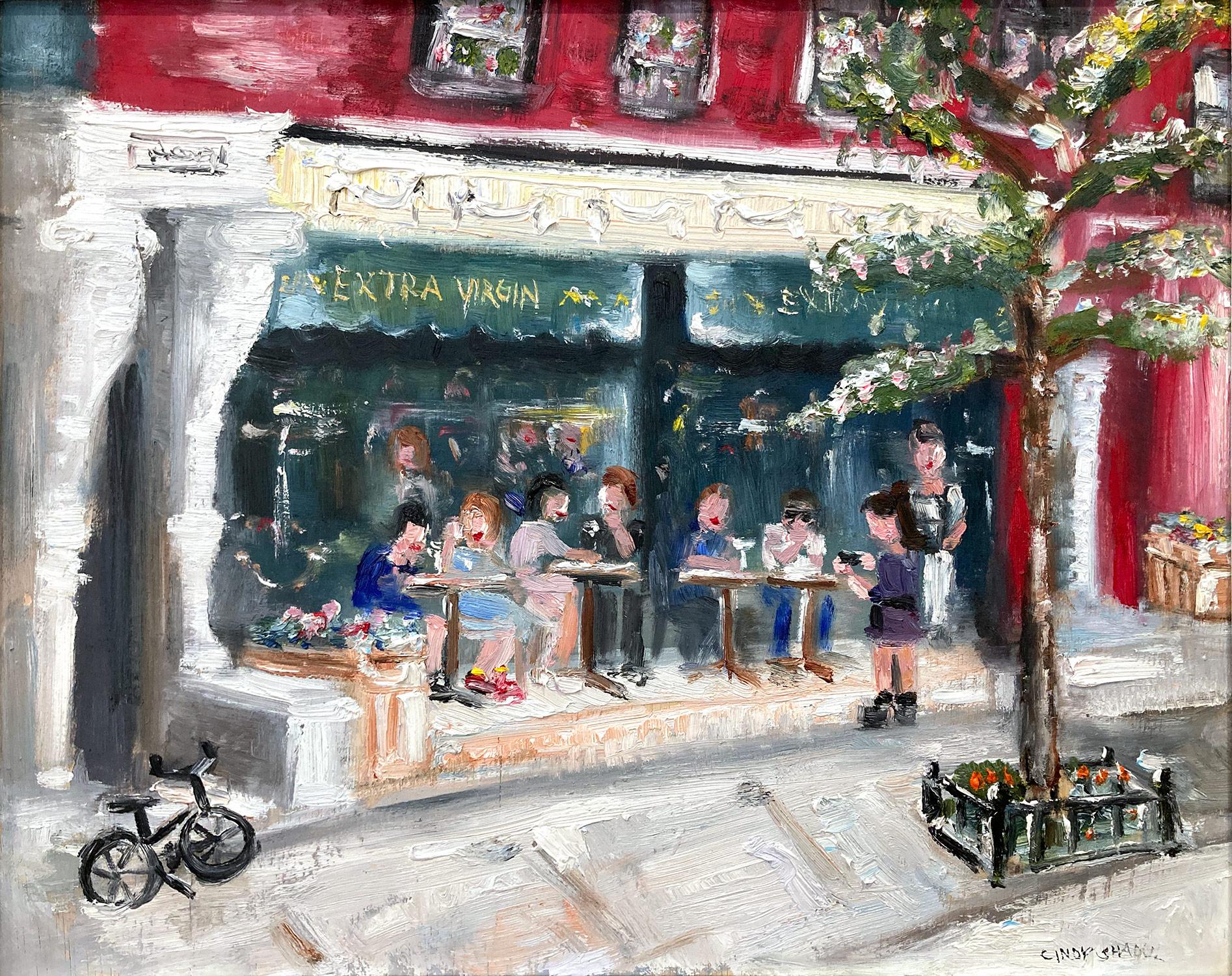 Buntes impressionistisches Ölgemälde „Brunch at Extra Virgin“ aus dem Restaurant  – Painting von Cindy Shaoul