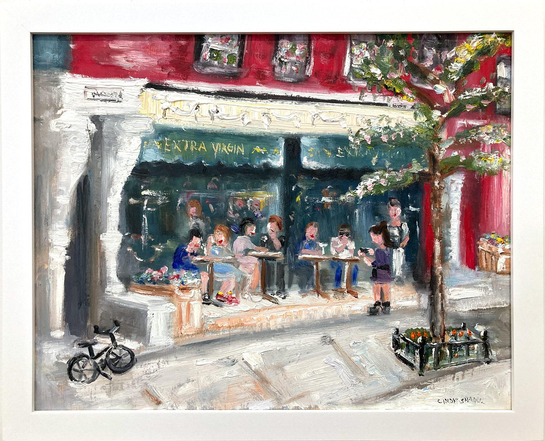 Cindy Shaoul Landscape Painting - "Brunch at Extra Virgin" Colorful Impressionistic Restaurant Oil Painting 