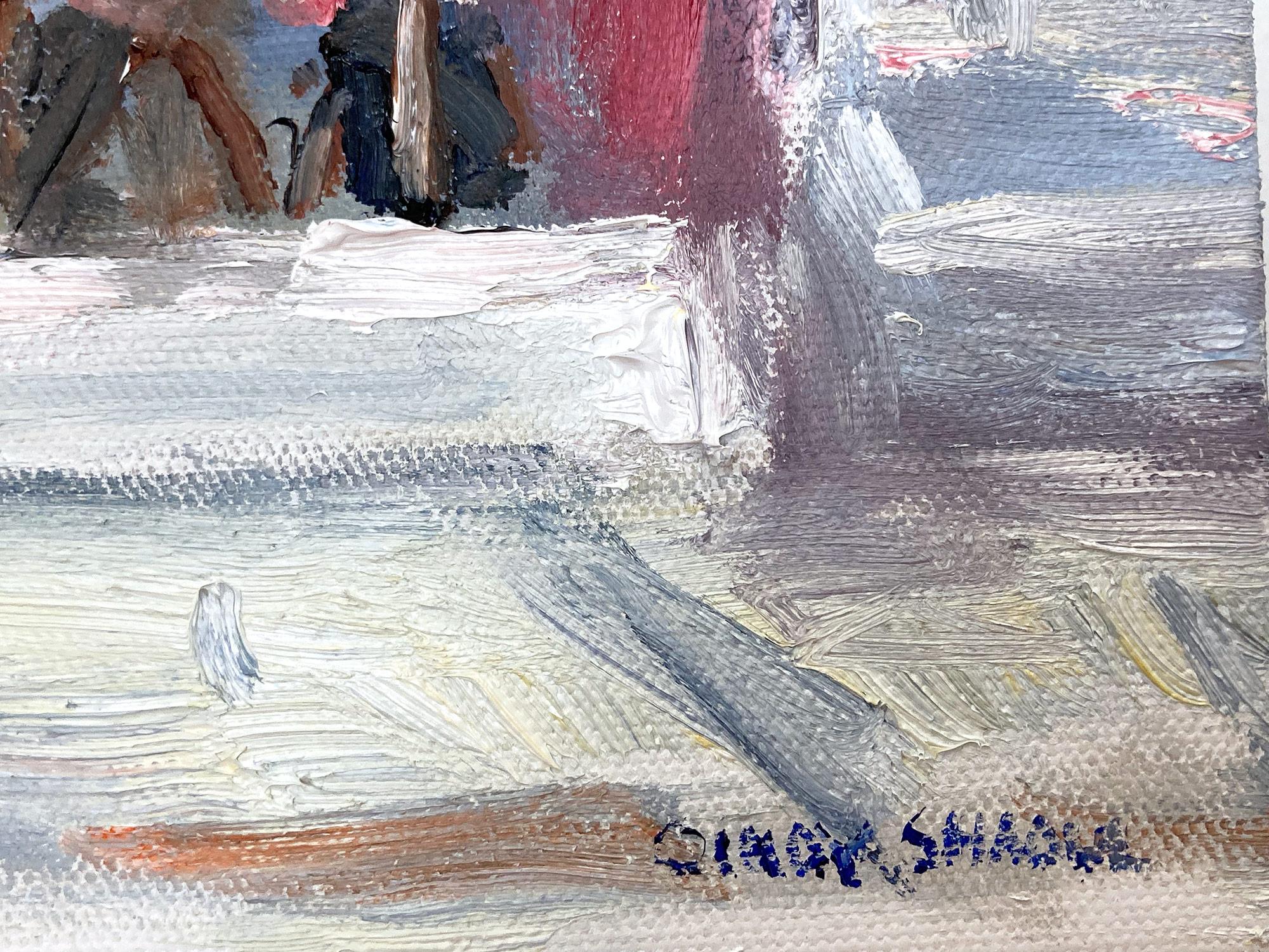 This painting depicts an impressionistic Plein Air scene of Brunch at Extra Virgin in the West Village NYC. The thick brush strokes and fun marks creates an atmosphere reminiscent of the impressionists from the 20th Century. We can feel the moment
