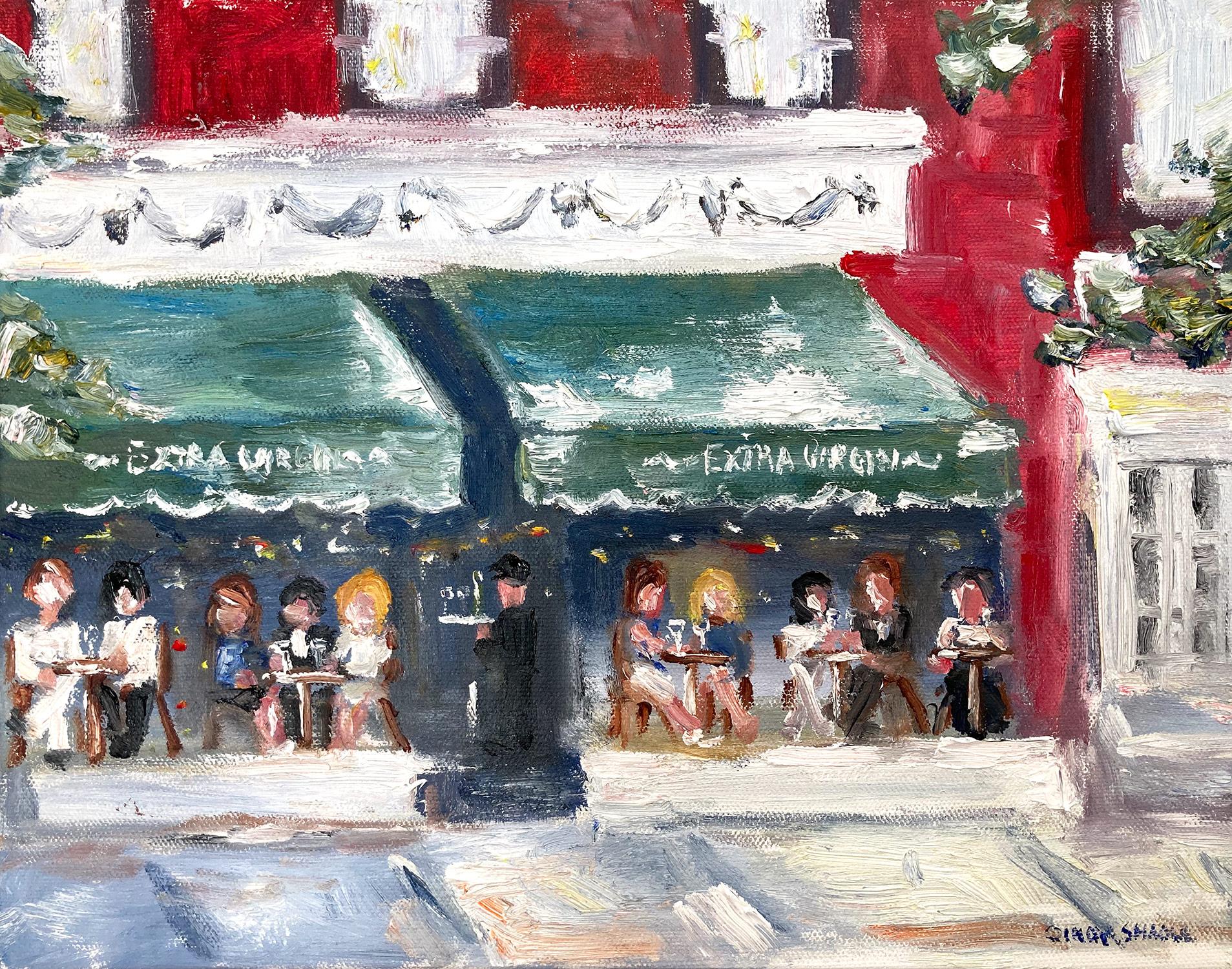 Cindy Shaoul Landscape Painting - "Brunch at Extra Virgin" Oil Painting of a Plein Air Street NYC with Figures