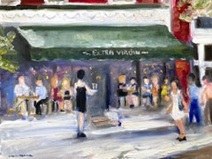 "Brunch at Extra Virgin" Oil Painting of a Plein Air Street NYC with Figures