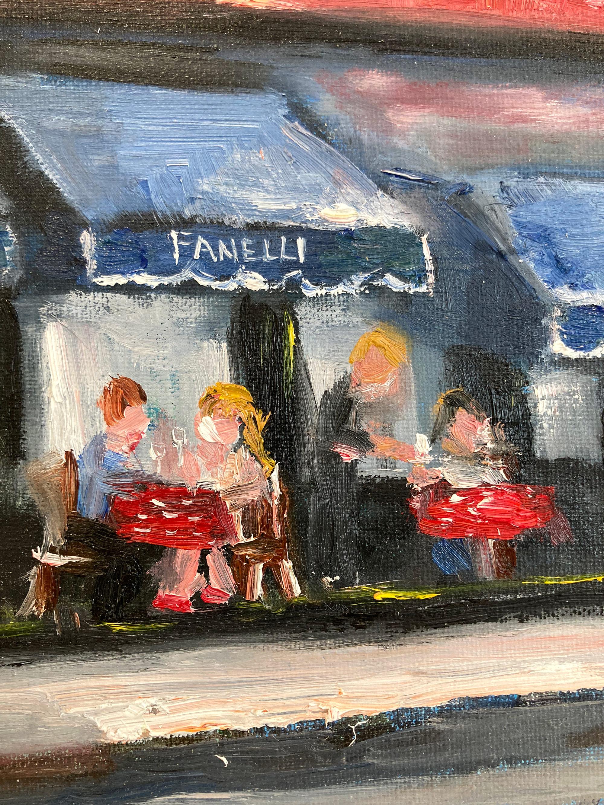 Cette peinture représente une scène impressionniste en plein air d'un brunch chez Fanelli dans le quartier de Soho à Manhattan. Les coups de pinceau épais et les marques amusantes créent une atmosphère qui rappelle la vie urbaine. Il y a des