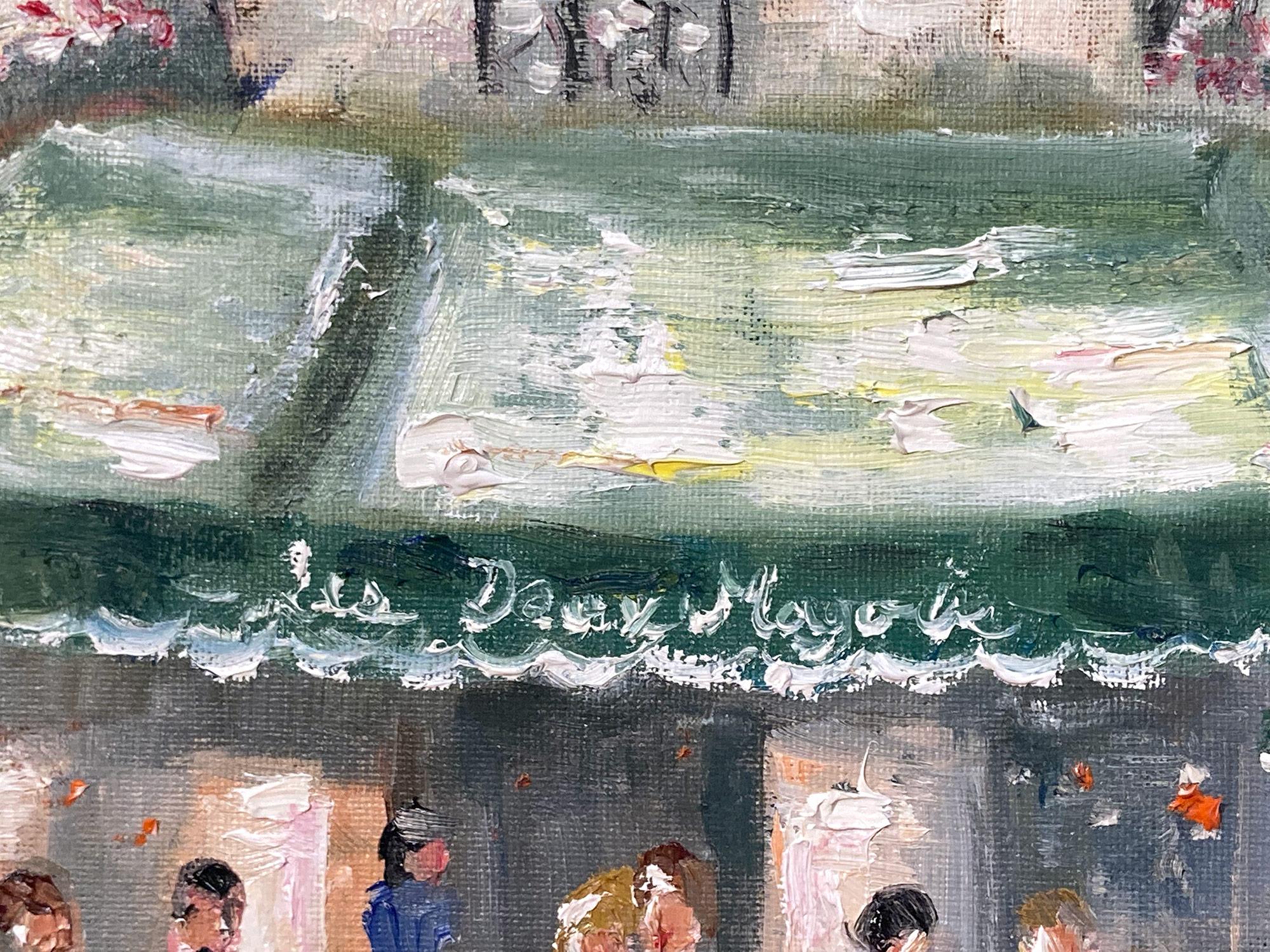 Una encantadora representación del Brunch en Les Deax Magots, situado en París. Una acogedora escena callejera impresionista con colores de rojo vibrante, verdes exuberantes y amarillos ocres. Este cuadro fue pintado a la vista por el artista. Una