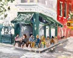 "Brunch at Tartine" Pittura ad olio impressionista in un ristorante di SOHO su cornice bianca