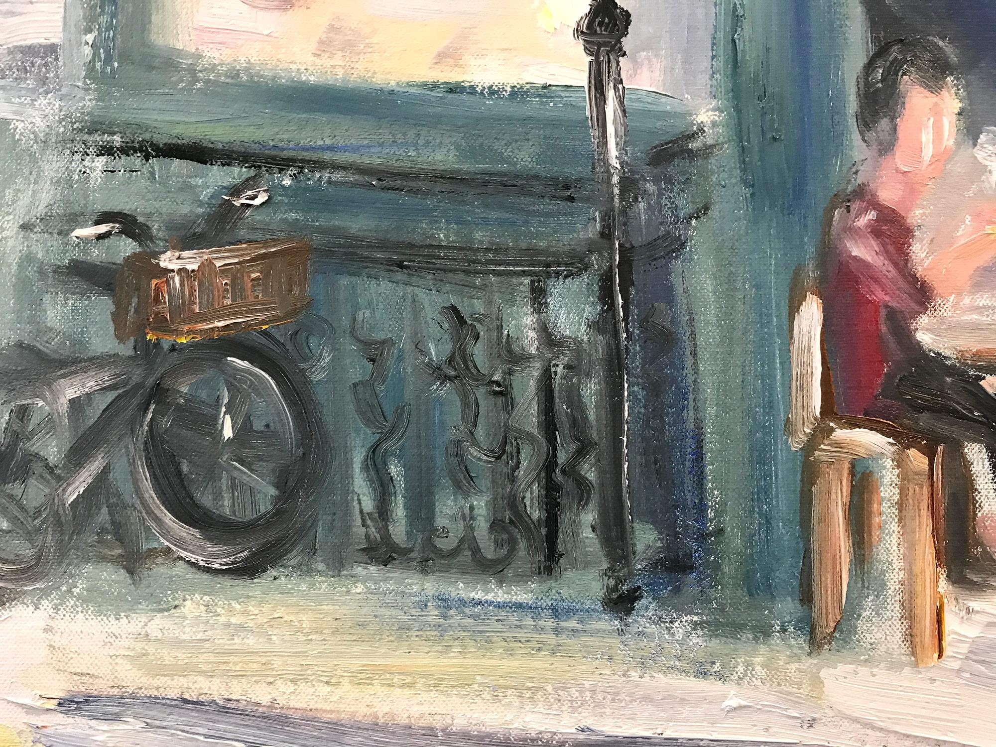 This painting depicts an impressionistic scene of Brunch at Tartine in New York City. Figures are seated having Brunch with drinks in hand on this sunny day. We can feel the texture of the paint, as the artist uses thick brush strokes to capture the