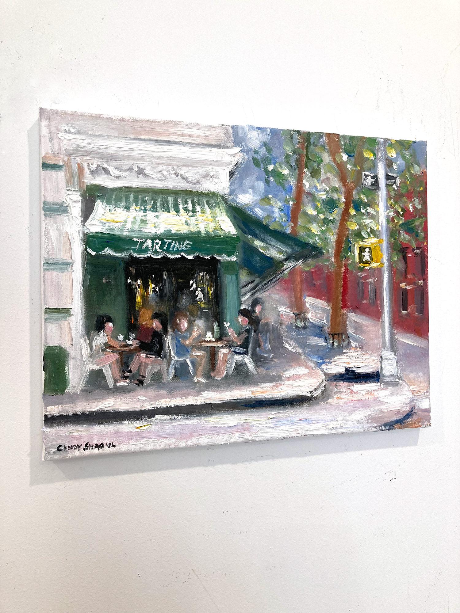 A charming depiction of Bruch at Tartine located in the West Village in Manhattan. A cozy impressionistic street scene with colors of vibrant red, lush greens, and yellow ochres. This painting was painted on sight by the artist. An iconic street