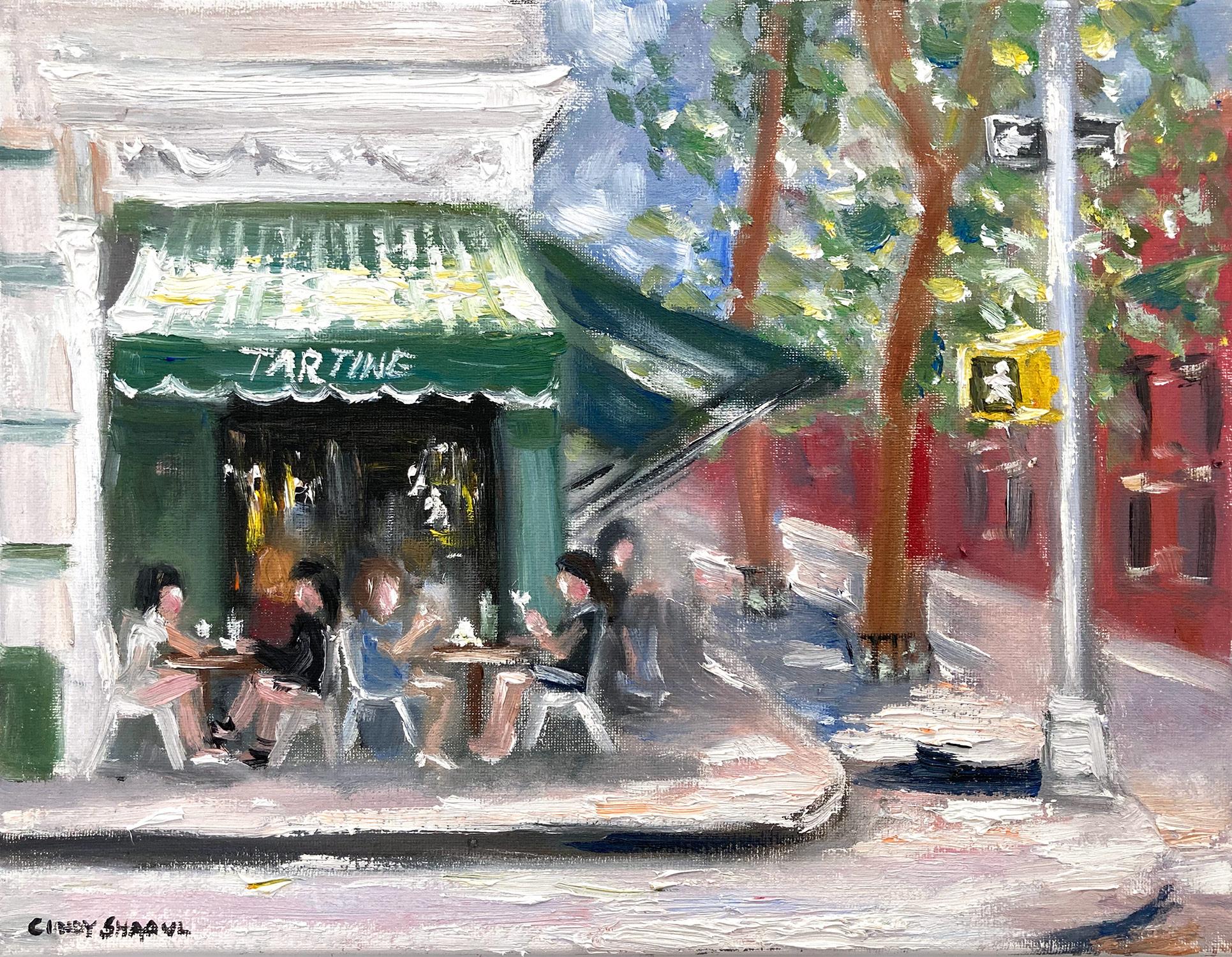 Cindy Shaoul Landscape Painting - "Brunch at Tartine" West Village Restaurant Street Scene in New York City
