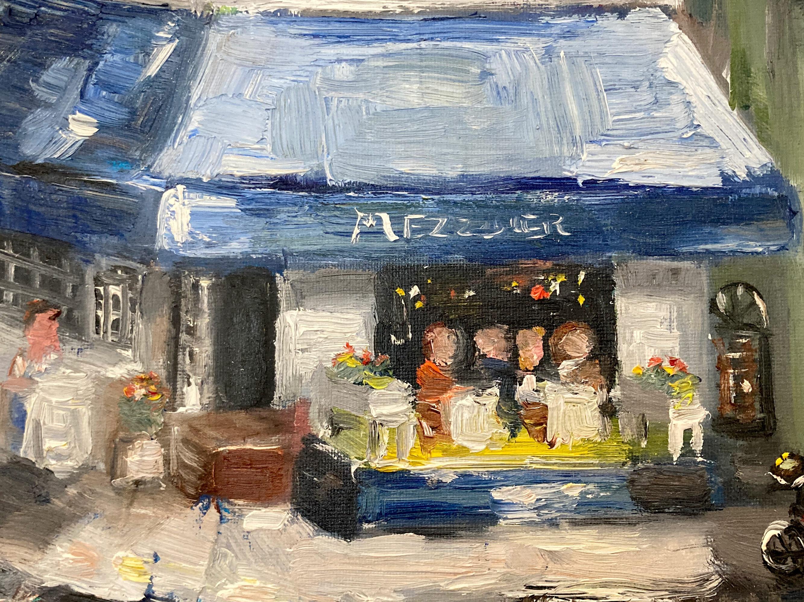 This painting depicts an impressionistic Plein Air scene of Brunch in Soho Manhattan. The thick brush strokes and fun marks creates an atmosphere reminiscent of city life. There are figures situated in front with lights flickering inside the