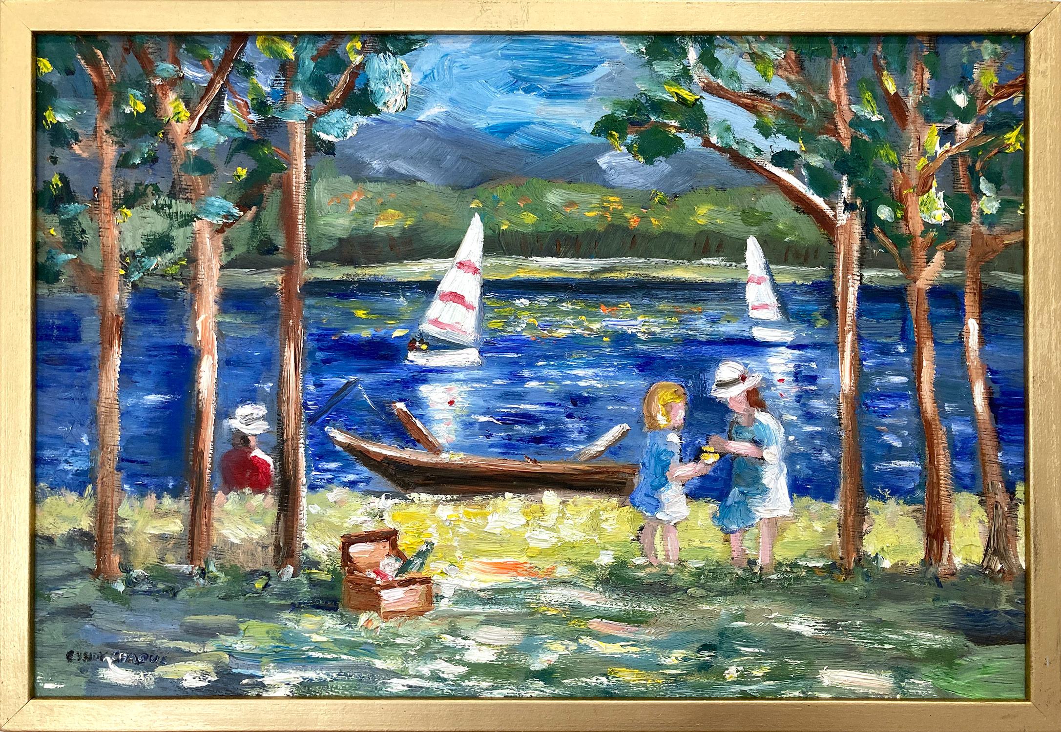 a-painting-of-flowers-and-a-house-by-the-water-with-a-butterfly-flying