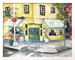 "Café Cluny" Pintura al óleo impresionista sobre panel de madera de un restaurante del West Village