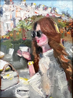 "Cafe Paris" Plein Air Restaurant Oil Painting in Paris France with Hermes Bag