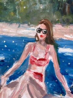 "The Summer I Turned Pretty" Red Swimming Suit Poolside Oil Painting on Paper