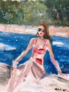 "The Summer I Turned Pretty" Maillot de bain rouge au bord de la piscine Peinture à l'huile sur papier