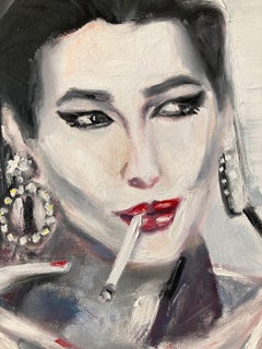 "Carla Bruni Poolside " Monochrome Portrait of Carla Bruni Oil Painting Canvas