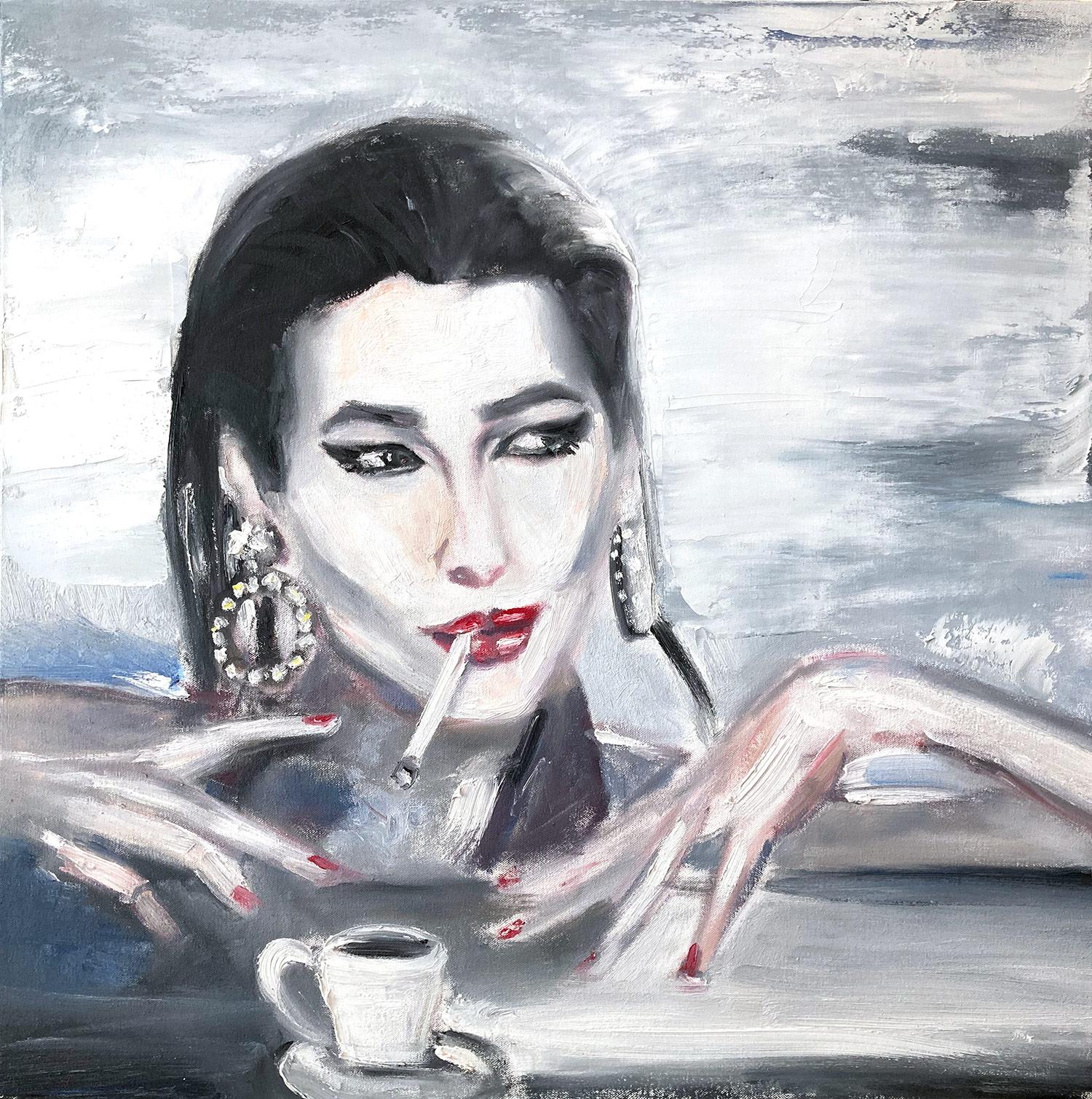Cindy Shaoul Landscape Painting - "Carla Bruni Poolside " Monochrome Portrait of Carla Bruni Oil Painting Canvas