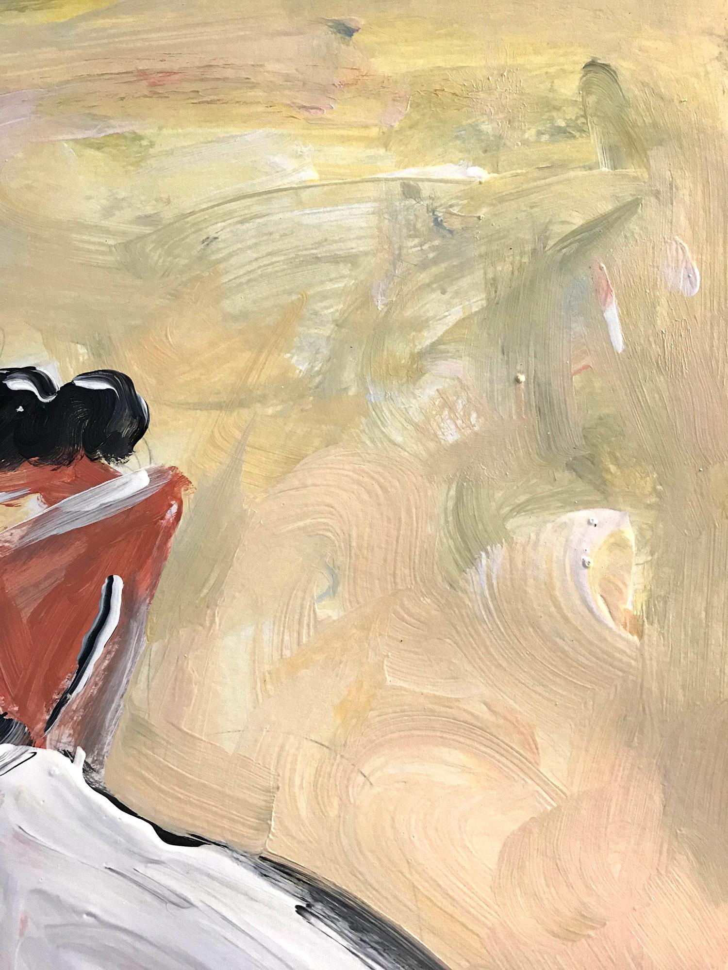 Una rappresentazione astratta, stravagante e audace di una donna in piedi con grazia in un abito bianco su uno sfondo giallo con dettagli delicati. Questo pezzo cattura l'essenza della moda a coppie. Realizzato in uno stile molto moderno e