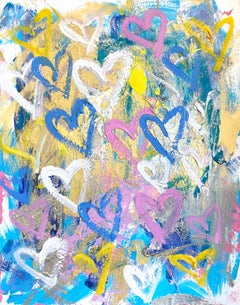 "Kiss n' Fly" Corazones coloridos Pop Art Pintura abstracta acrílica y al óleo sobre papel