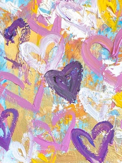 "Catch a Kiss" Pittura pop art colorata con cuori astratti, acrilico e olio su carta