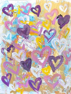 "Catch a Kiss" Pittura pop art colorata con cuori astratti, acrilico e olio su carta