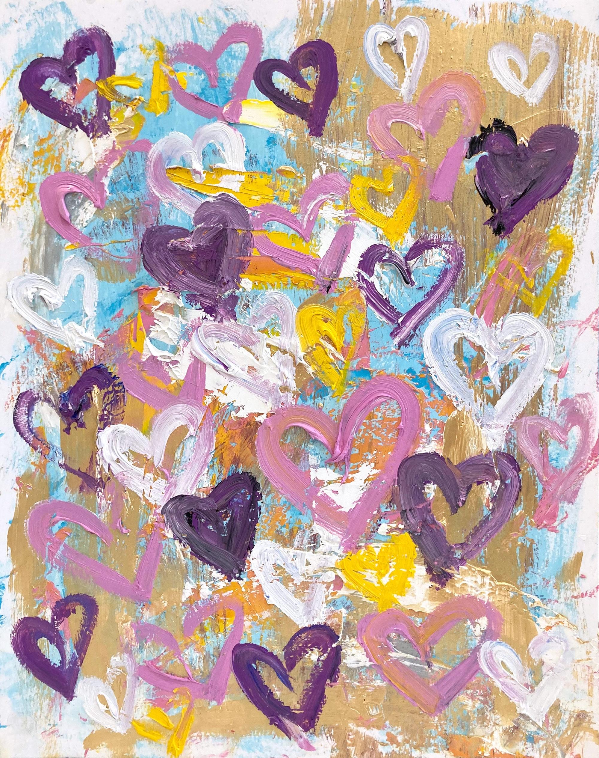 "Catch a Kiss" Bunte Pop Art Herzen Abstrakte Acryl & Ölgemälde auf Papier