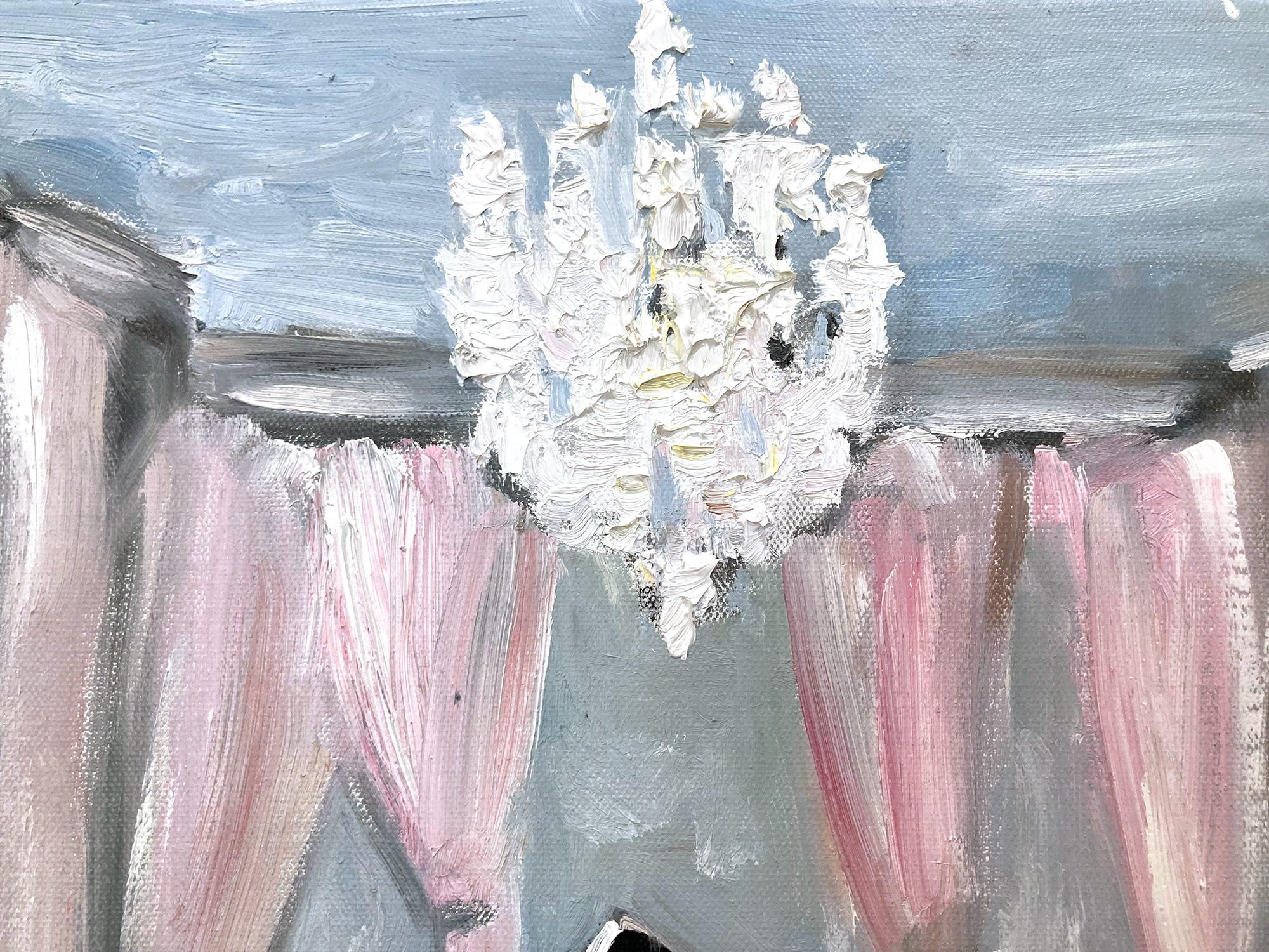 A charming depiction of an interior scene with Piano and Chandelier. A cozy impressionistic scene with warmth and feeling. A sophisticated scene with stunning details and beautiful brushwork. Whisical, this piece captures the essence of a Parisian