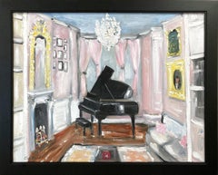 "Champán y melodías" Pintura al óleo impresionista Escena interior con piano de cola
