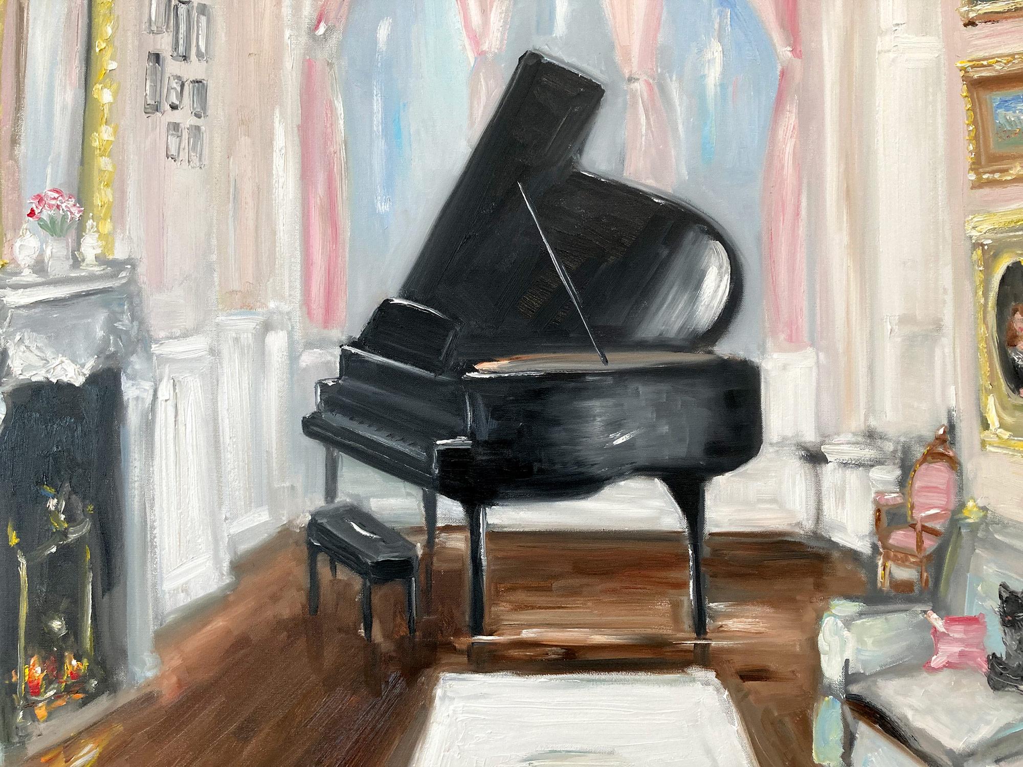 „Champagne & Tunes – Chateau de Chambord“, Ölgemälde, Interieurszene mit Klavier – Painting von Cindy Shaoul
