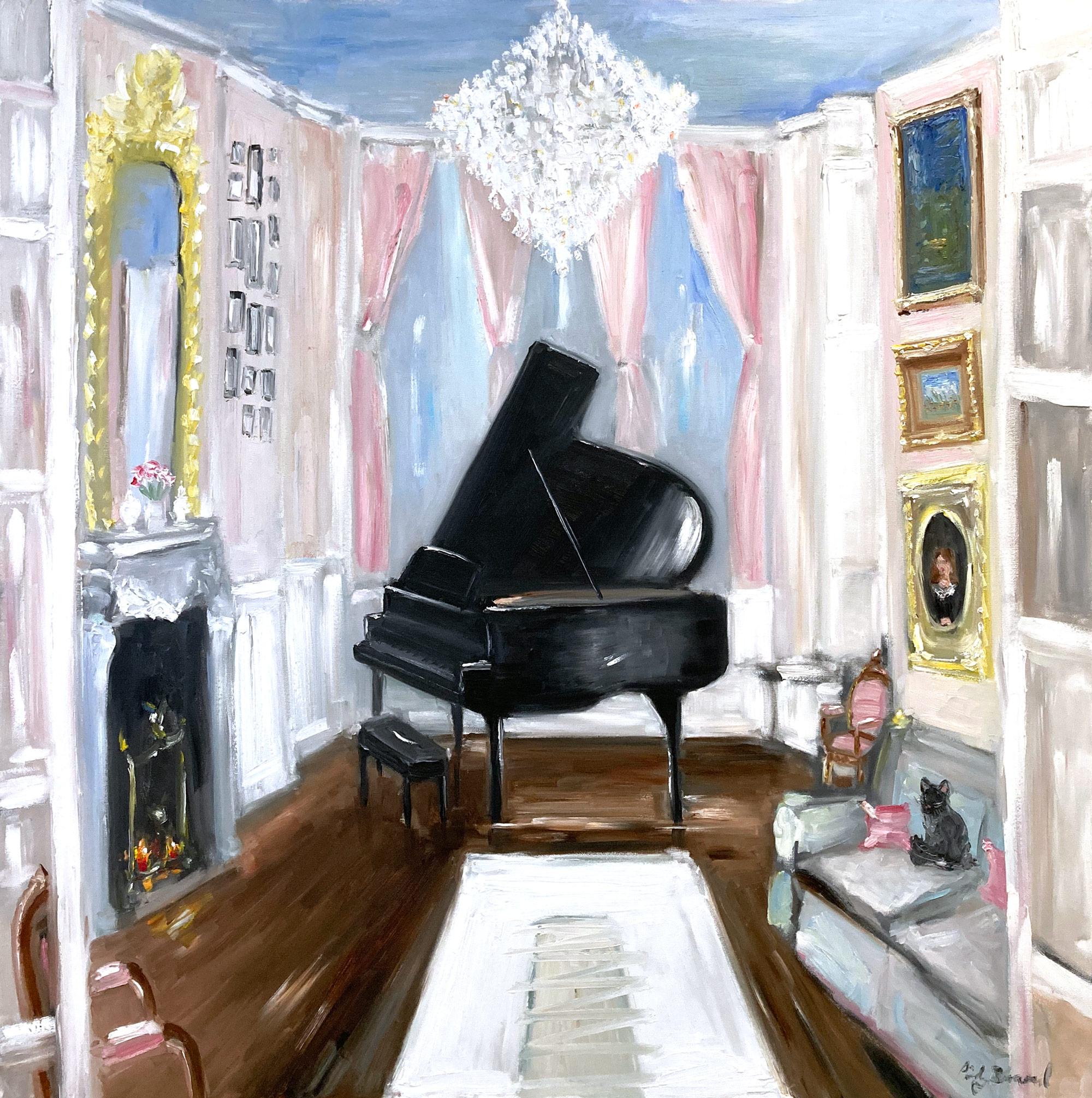 „Champagne & Tunes – Chateau de Chambord“, Ölgemälde, Interieurszene mit Klavier – Painting von Cindy Shaoul
