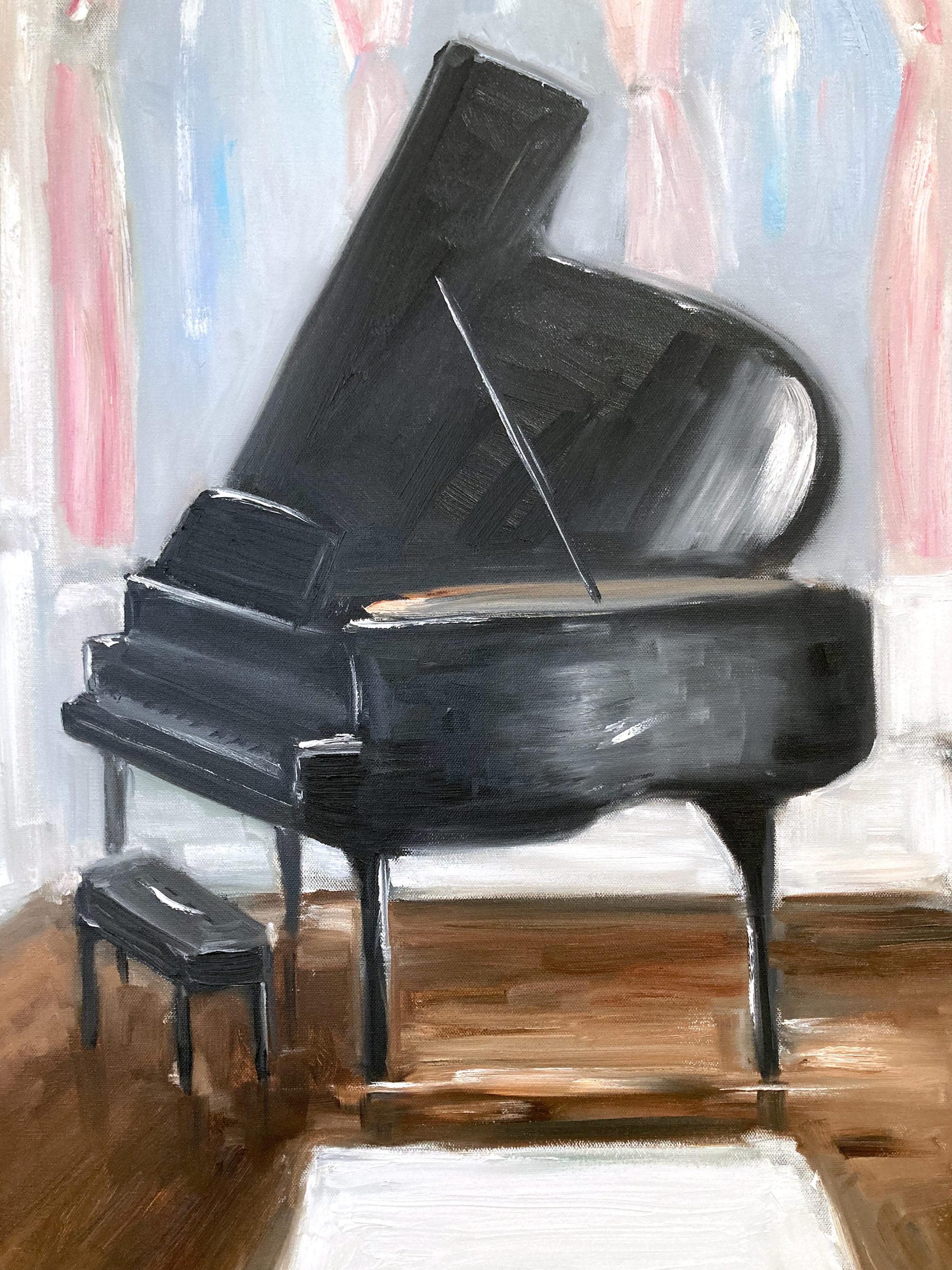 „Champagne & Tunes – Chateau de Chambord“, Ölgemälde, Interieurszene mit Klavier (Zeitgenössisch), Painting, von Cindy Shaoul