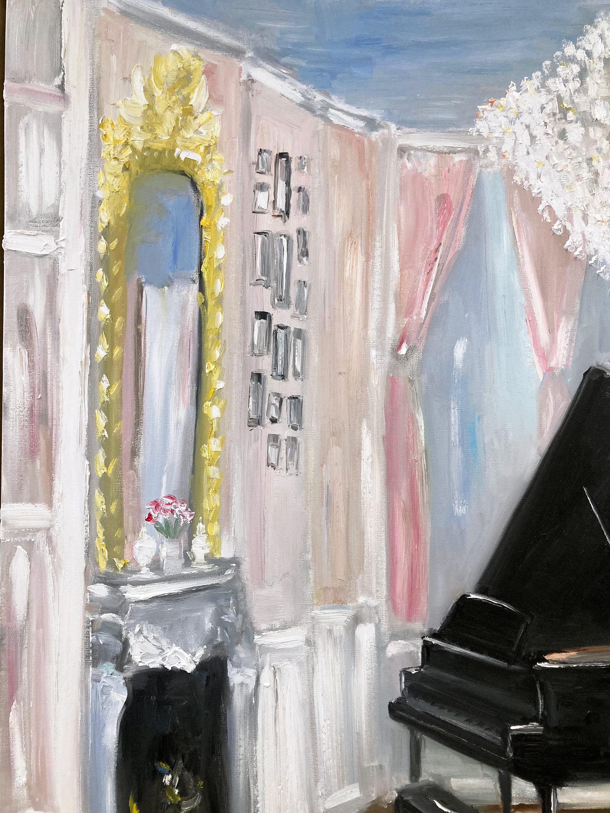 „Champagne & Tunes – Chateau de Chambord“, Ölgemälde, Interieurszene mit Klavier (Grau), Interior Painting, von Cindy Shaoul