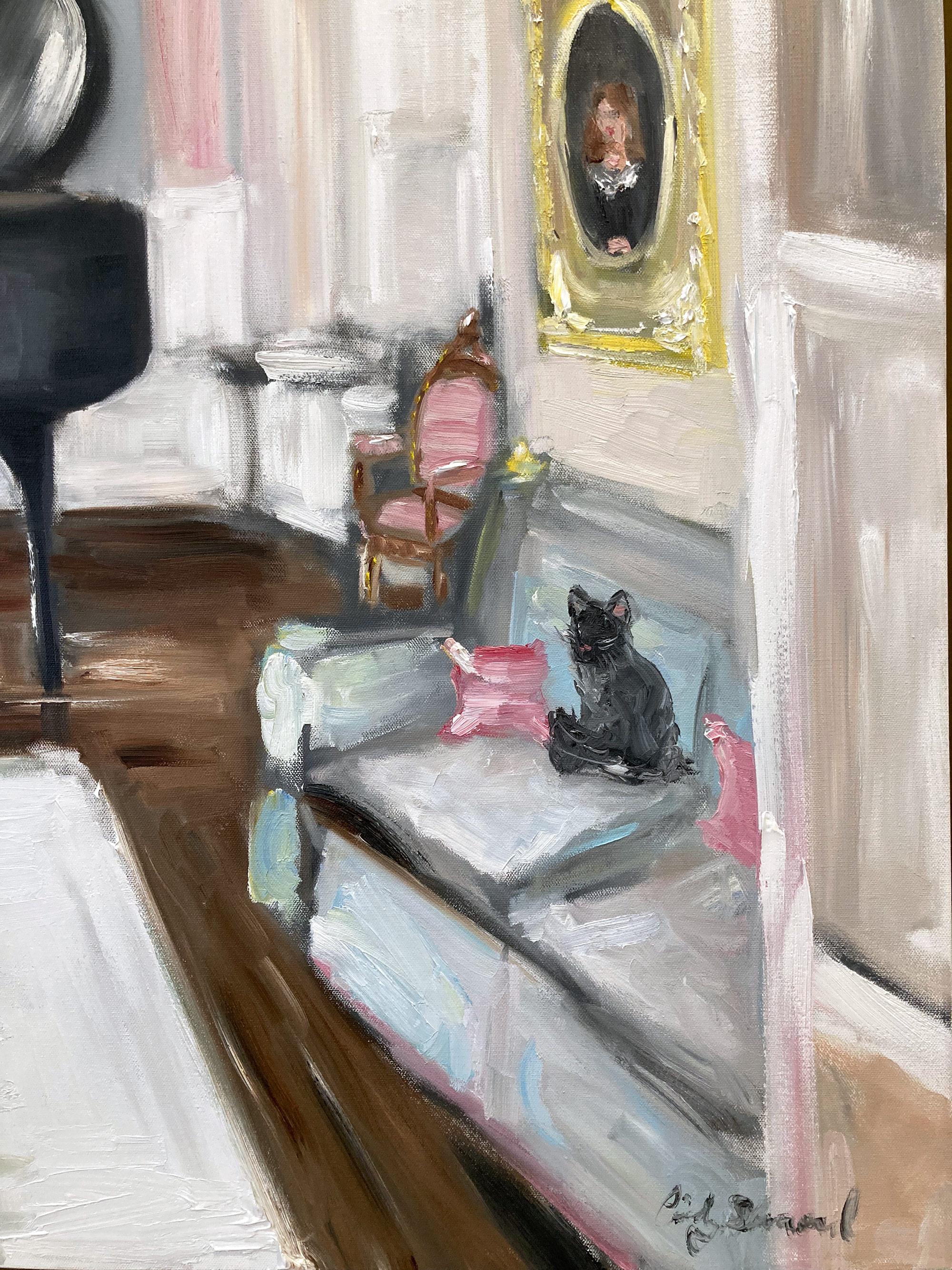 „Champagne & Tunes – Chateau de Chambord“, Ölgemälde, Interieurszene mit Klavier im Angebot 1