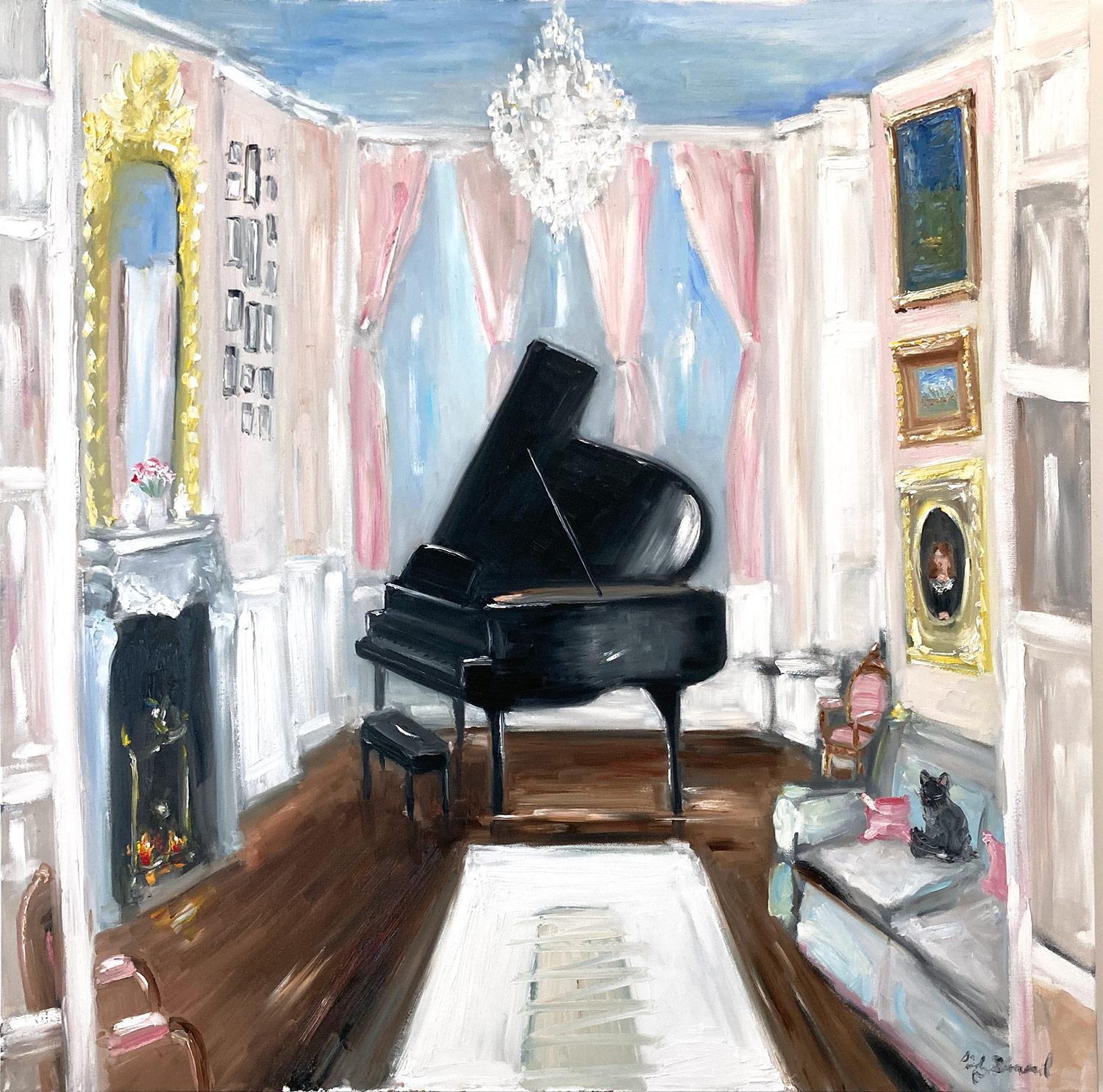 Cindy Shaoul Abstract Painting – „Champagne & Tunes – Chateau de Chambord“, Ölgemälde, Interieurszene mit Klavier