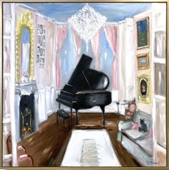 "Champán y melodías - Chateau de Chambord" Pintura al óleo Escena interior con piano