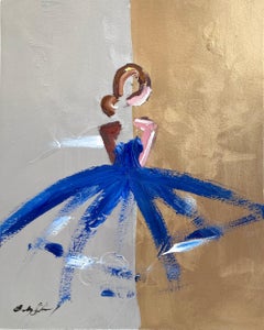 "Chanel Azul Plata y Oro" Figura con vestido de Alta Costura Pintura al óleo sobre papel