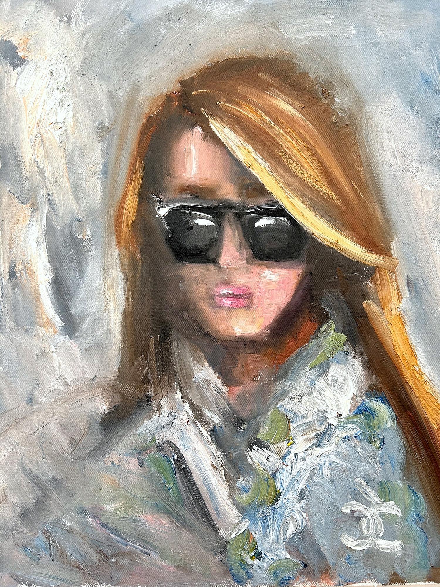 Peinture à l'huile sur toile "Chanel Mornings in Paris" Femme aux lunettes de soleil