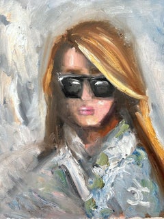 Peinture à l'huile sur toile "Chanel Mornings in Paris" Femme aux lunettes de soleil