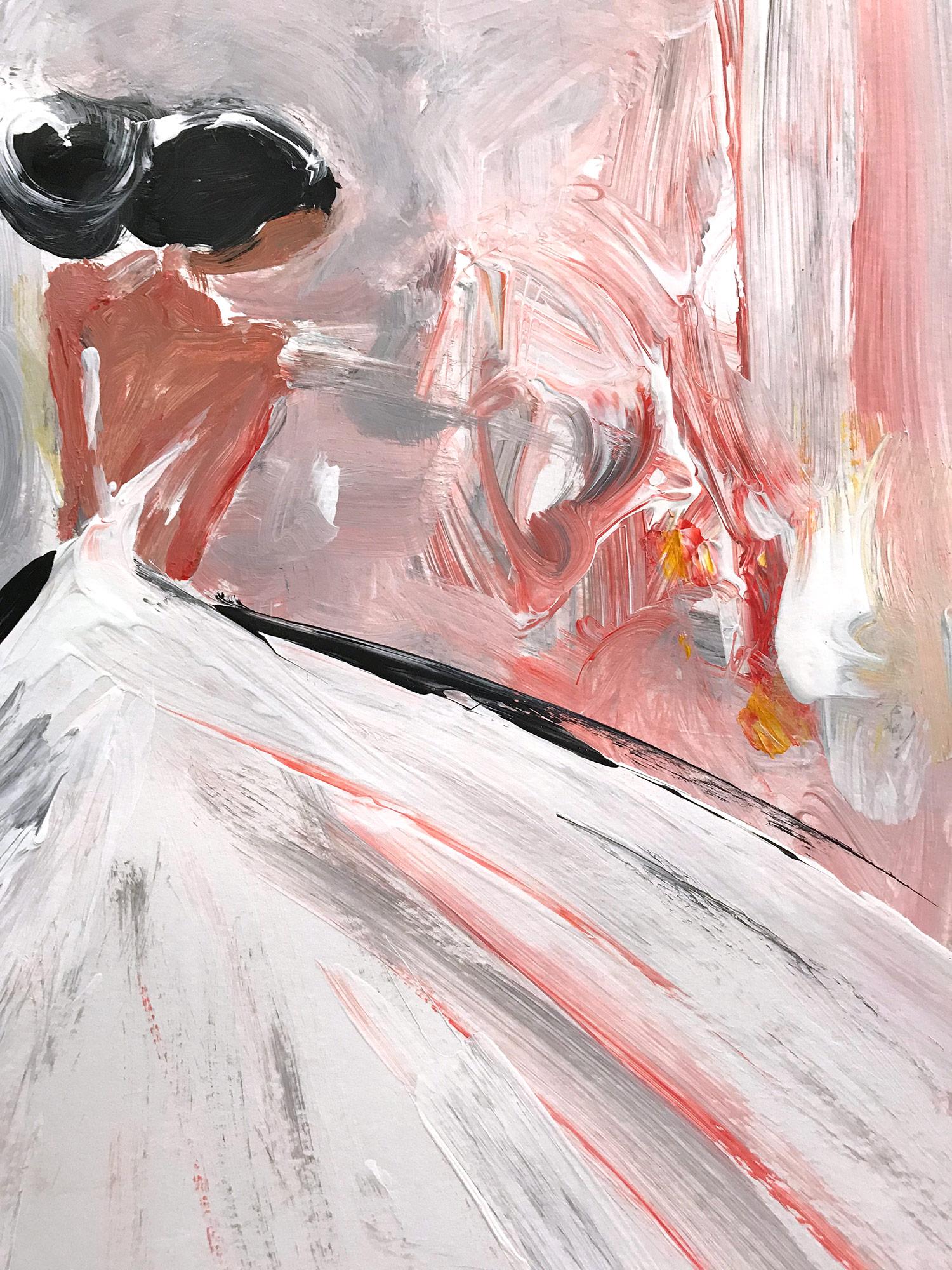 Eine sehr skurrile und mutige Darstellung einer Frau, die anmutig in einem weißen Kleid vor einem rosa Hintergrund steht. Dieses Stück fängt die Essenz der Mode in Paaren ein. Es ist in einem sehr modernen und impressionistischen Stil gehalten, mit