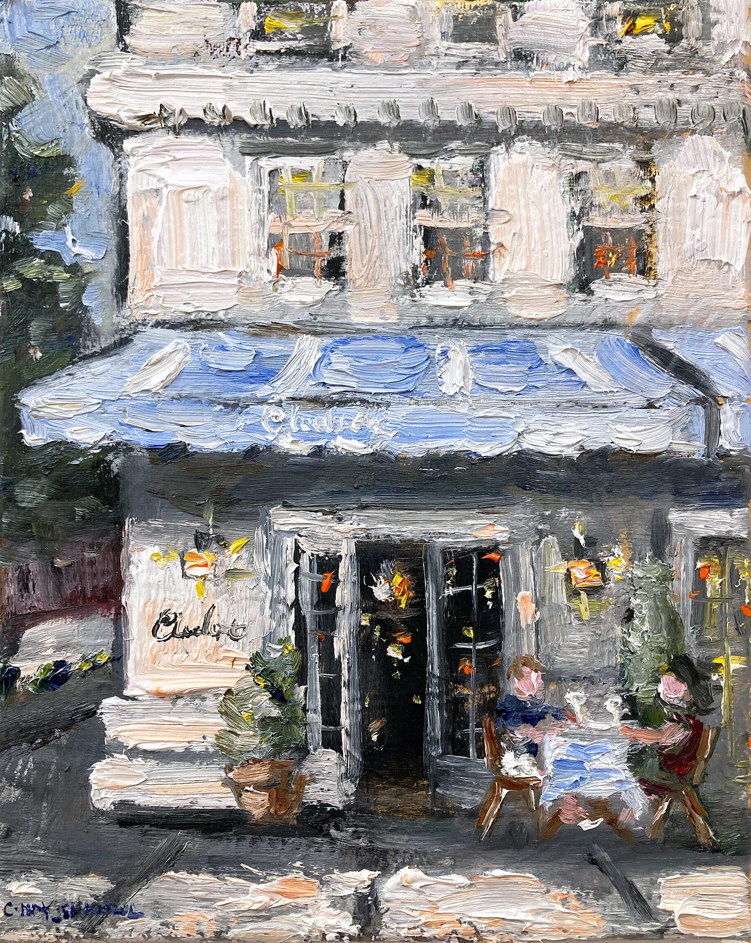 Peinture à l'huile d'un restaurant en plein air « Claudette » sur la Cinquième Avenue à New York - Painting de Cindy Shaoul