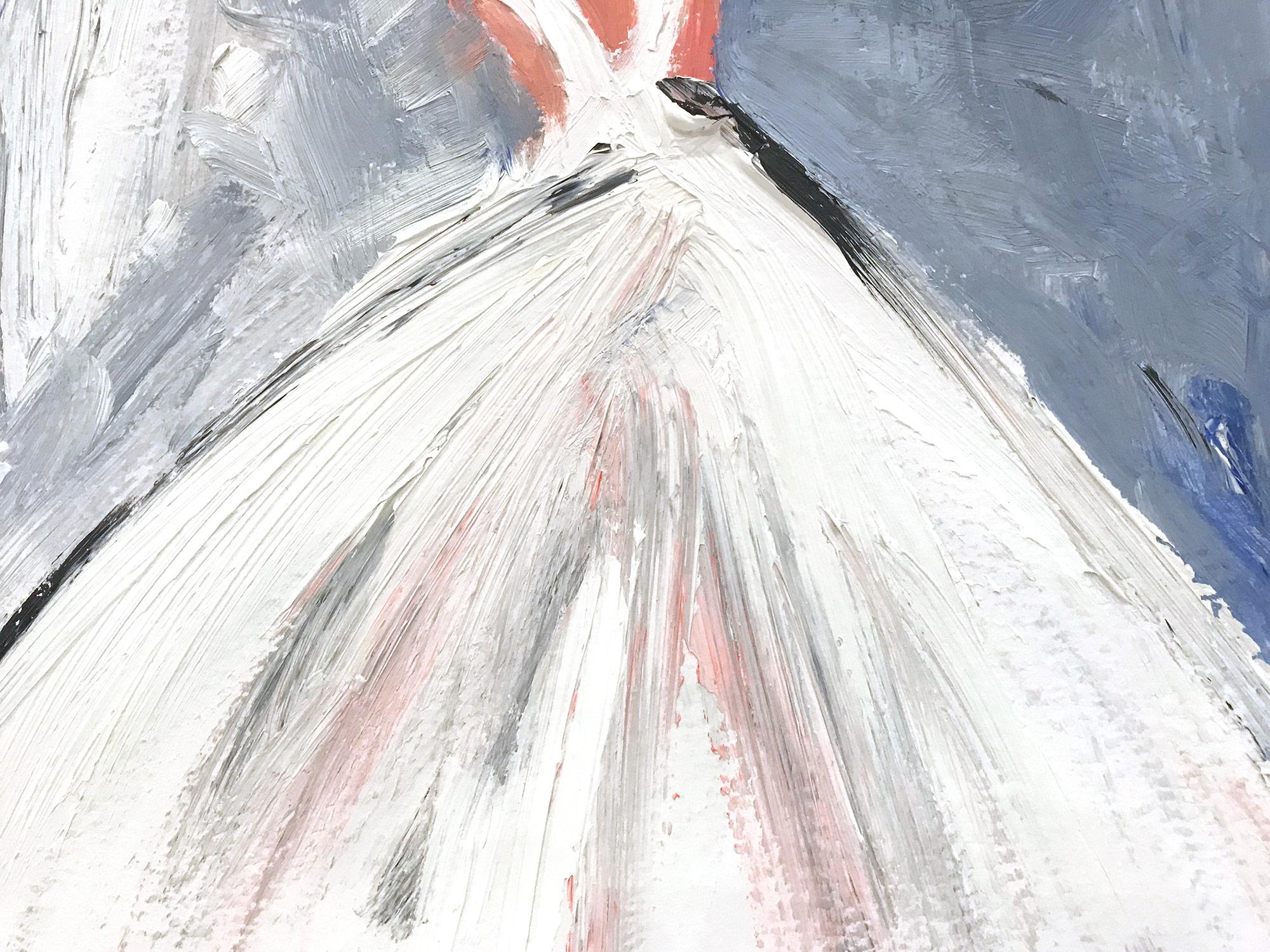 A very whimsical depiction of a woman standing gracefully in a white gown against a periwinkle blue background. This piece captures the essence of fashion in Pairs. Done in a very modern and impressionistic style, the colors are bright yet subtle.