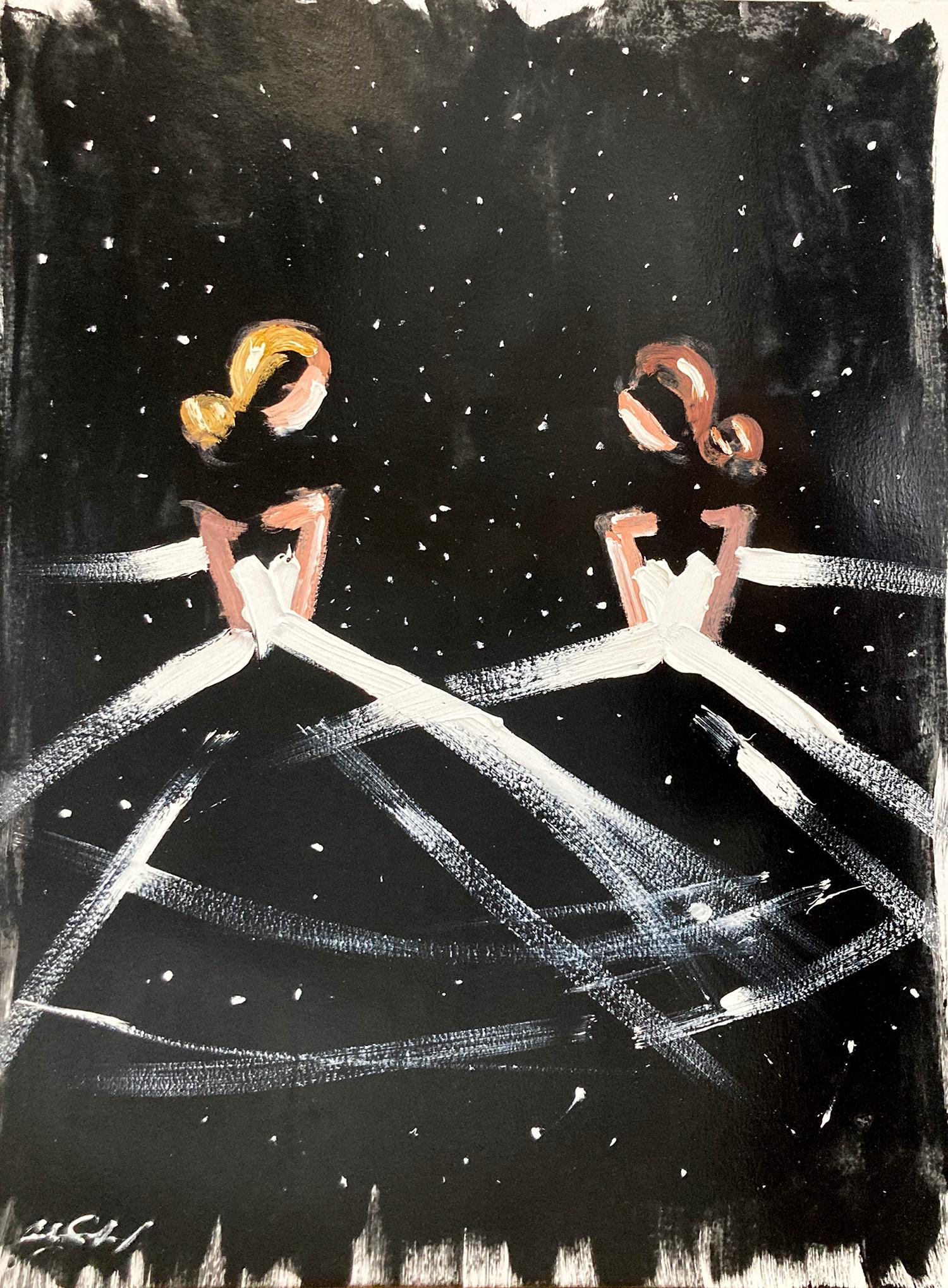 Figurative Painting de Cindy Shaoul - "Bailando con las estrellas" Figura abstracta Vestido de Alta Costura Pintura al óleo Papel