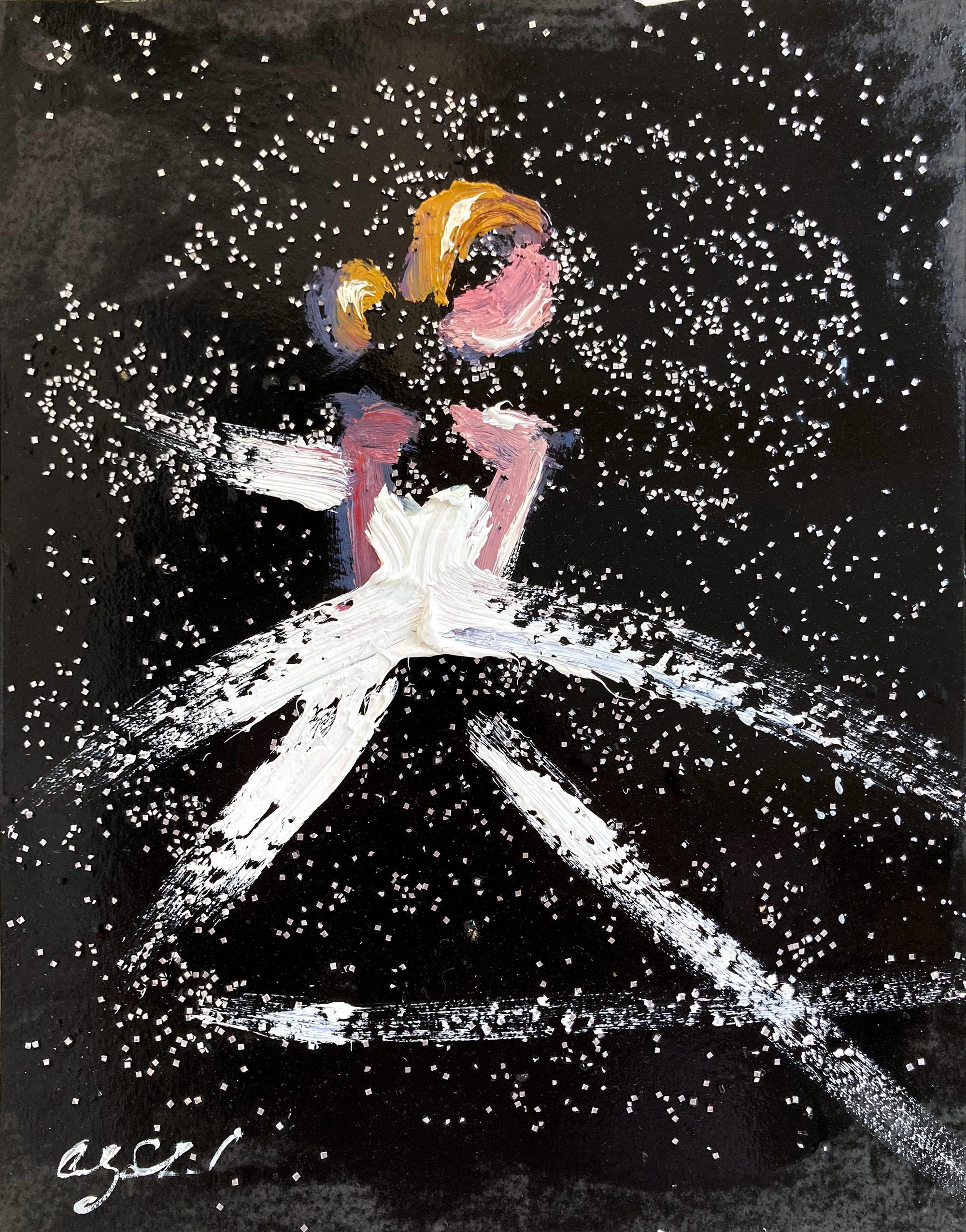 Figurative Painting de Cindy Shaoul - "Bailando con las estrellas en París" Figura de alta costura Pintura al óleo sobre papel