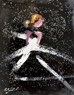 "Bailando con las estrellas en París" Figura de alta costura Pintura al óleo sobre papel