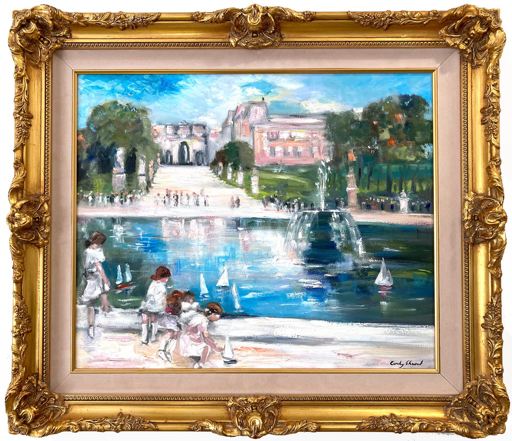Cindy Shaoul Figurative Painting - "Day at Jardin De Tuileries" Impressionistic Park Scene style of Jules Herve