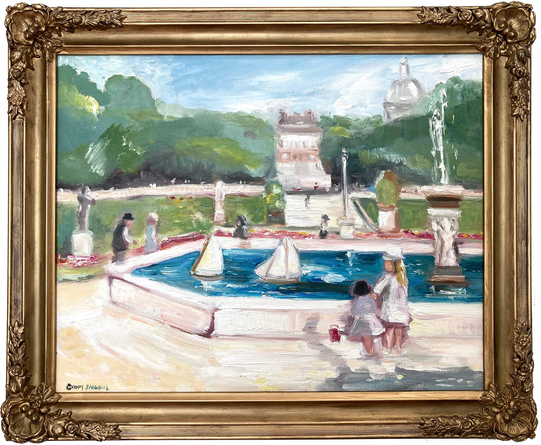 Cindy Shaoul Landscape Painting - "Day at the Jardin De Tuileries" Impressionistic Park Scene style of Jules Herve