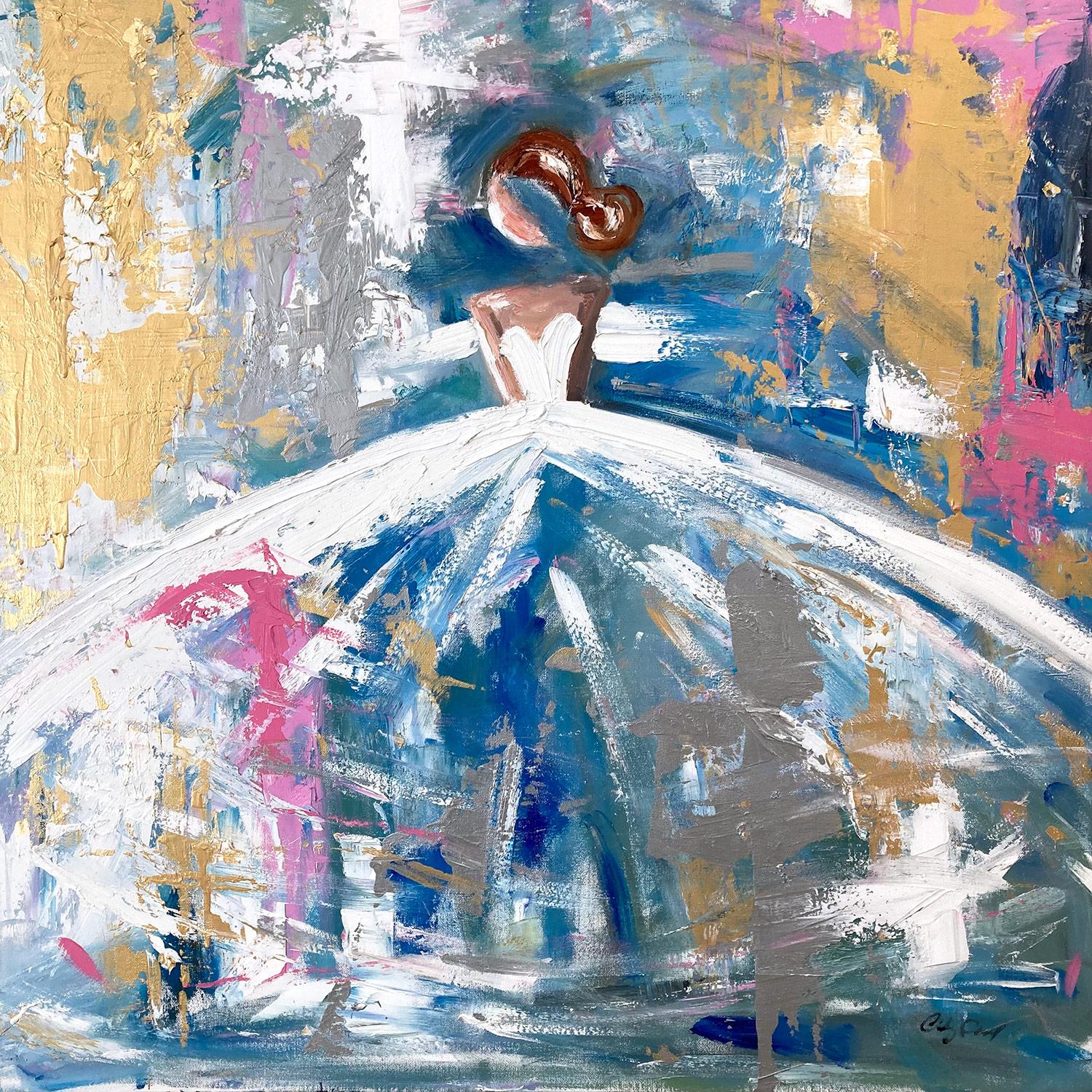 Cindy Shaoul Abstract Painting - "Day in Paris" Abstract Figure in Chanel Gown Haute Couture Oil Painting Canvas