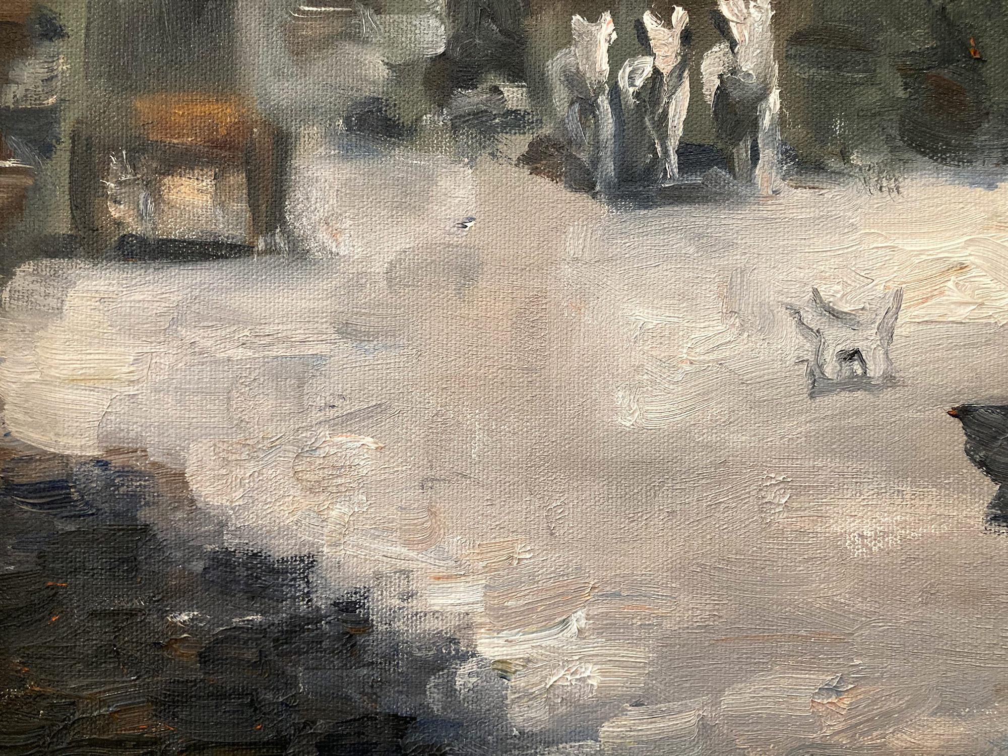 Questo dipinto raffigura una scena impressionistica in un villaggio parigino in Francia in una giornata di primavera, con bellissime pennellate e colori stravaganti. L'energia della strada è catturata con vita e vivacità. Le coppie passeggiano con