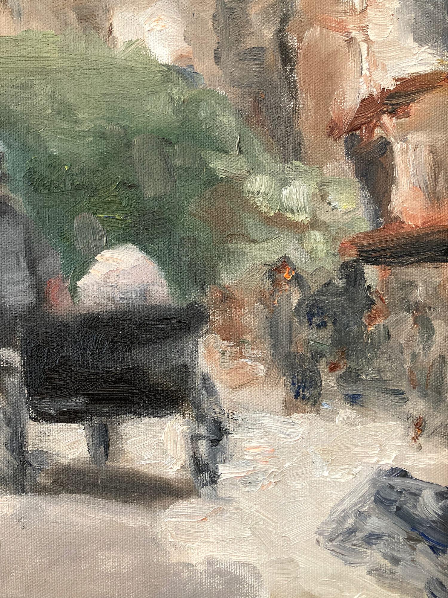 This painting depicts an impressionistic scene in a Parisian Village in France on a spring day, with beautiful brushwork and whimsical colors. The energy of the street is captured with life and vibrancy. Couples walk about with Horse and carriages,